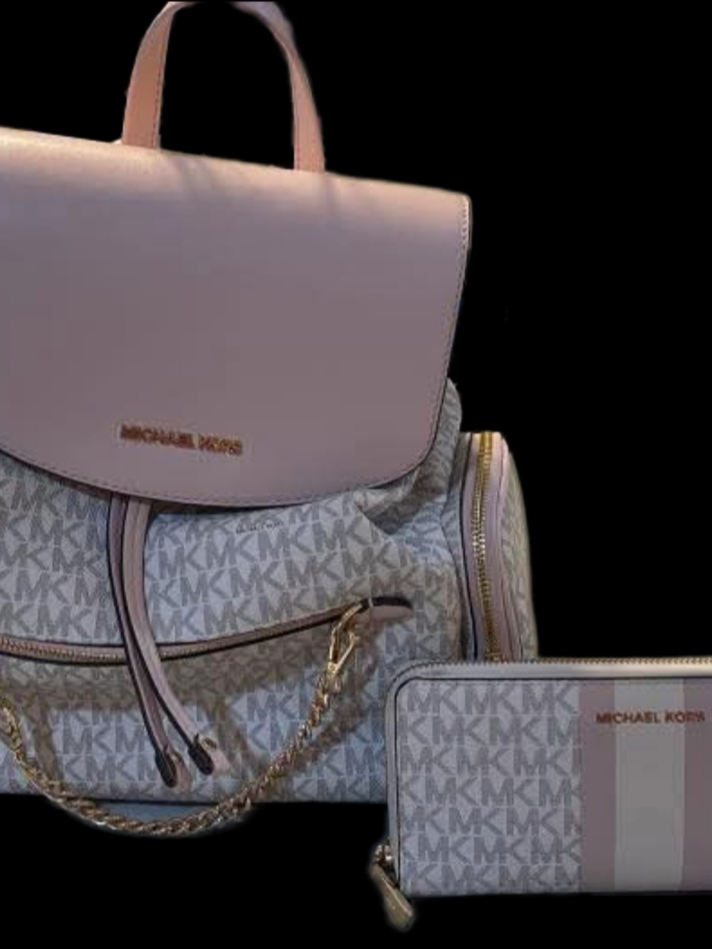 Michael Kors Pink and Light Gray Signature Backpack with Matching Wallet